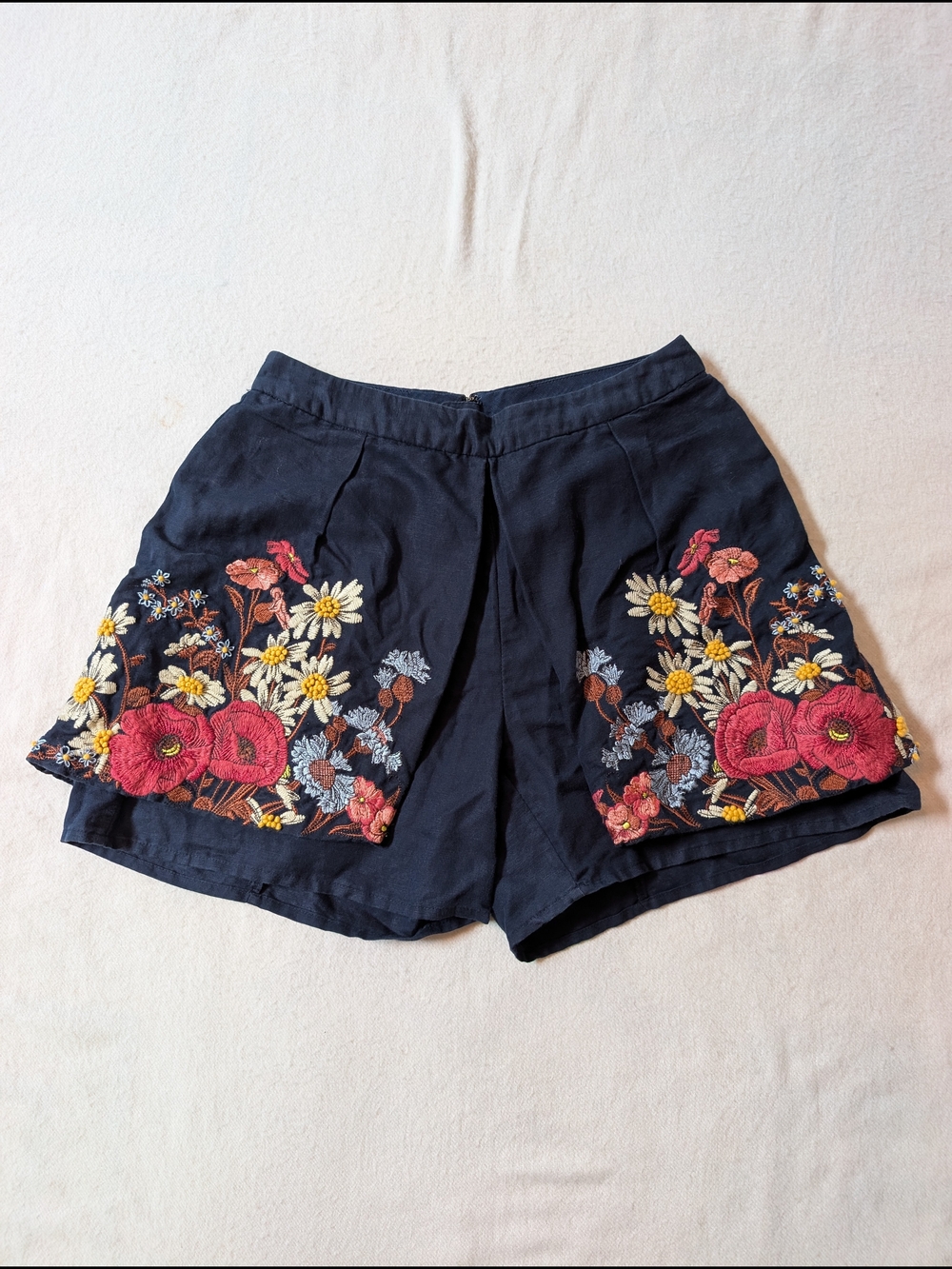 Elevenses Floral Embroidered Navy Women’s Linen Cotton Shorts